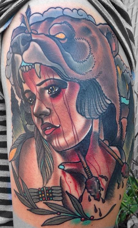 Tattoos - Traditional color girl with bear head tattoo, Gary Dunn Art Junkies Tattoo Hesperia Ca - 96154